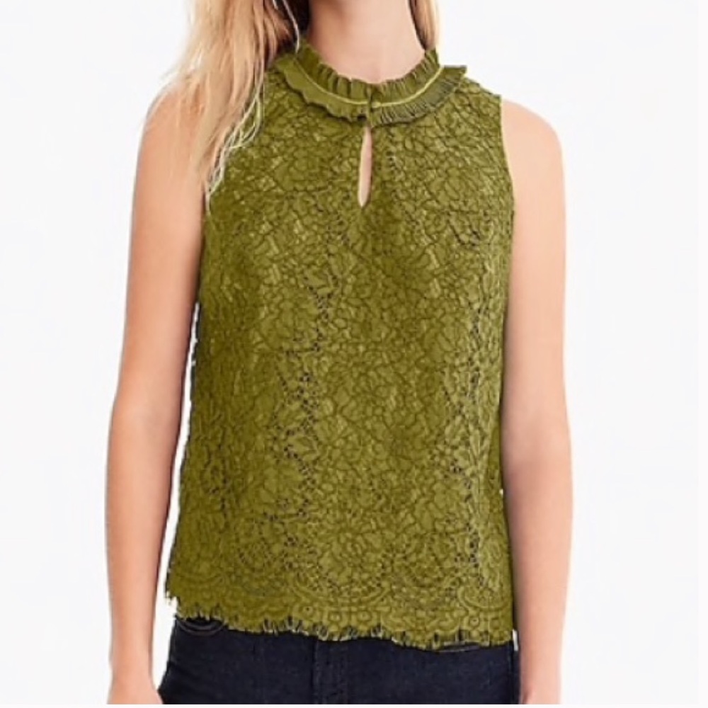 J. Crew New Lace Ruffle-Neck Top in Burnished Moss Medium